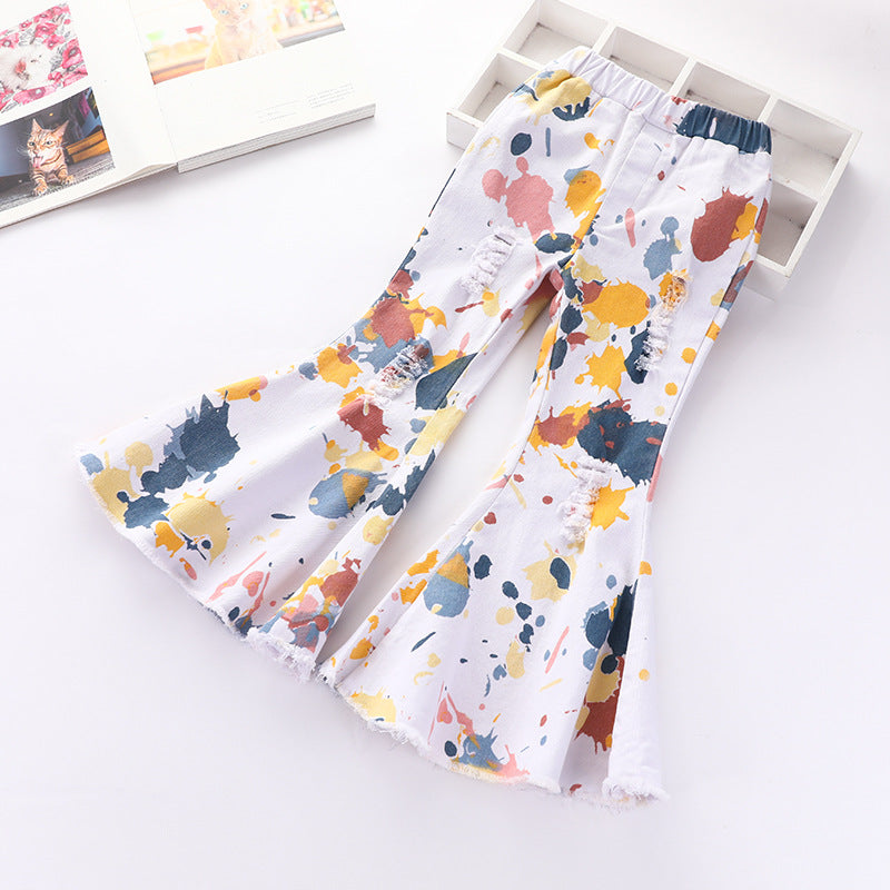Wholesale Children's Abstract Printed Cotton Denim Flared Pants